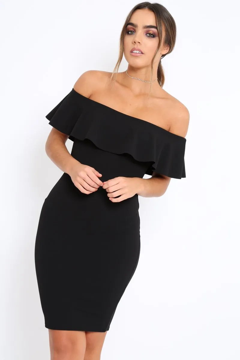 Black Frill Bardot Midi Dress - Bridget