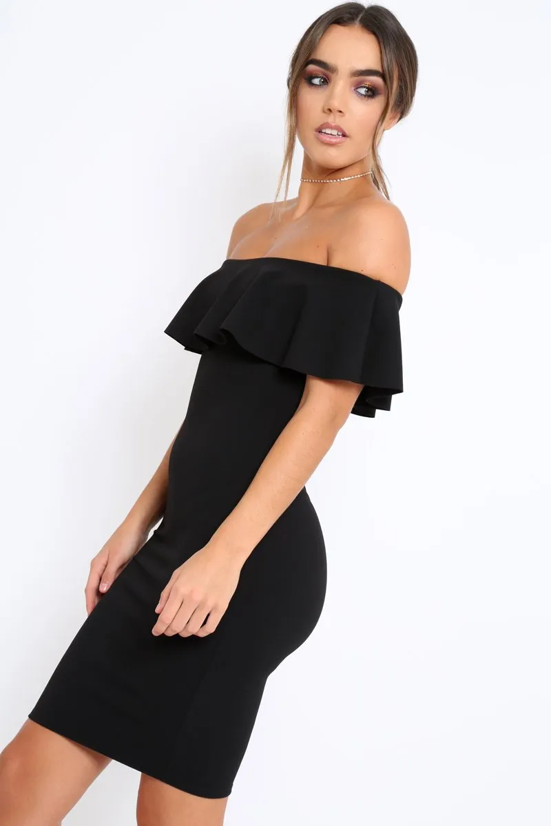 Black Frill Bardot Midi Dress - Bridget