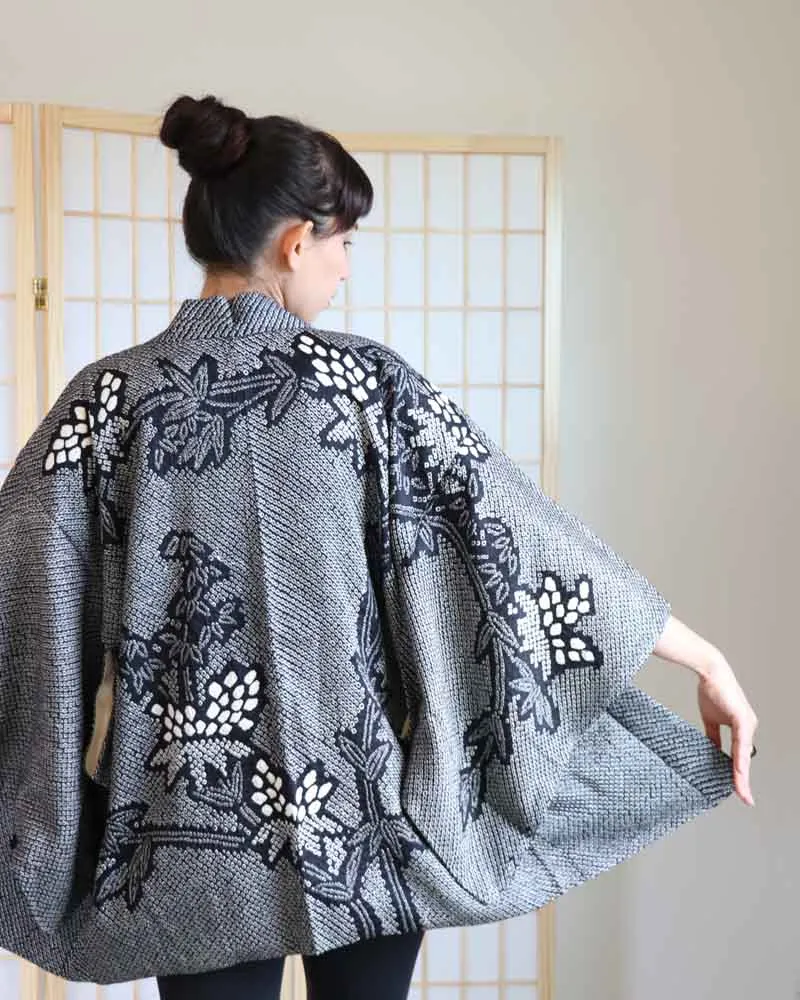 Black Leaves Shibori Haori Kimono Jacket