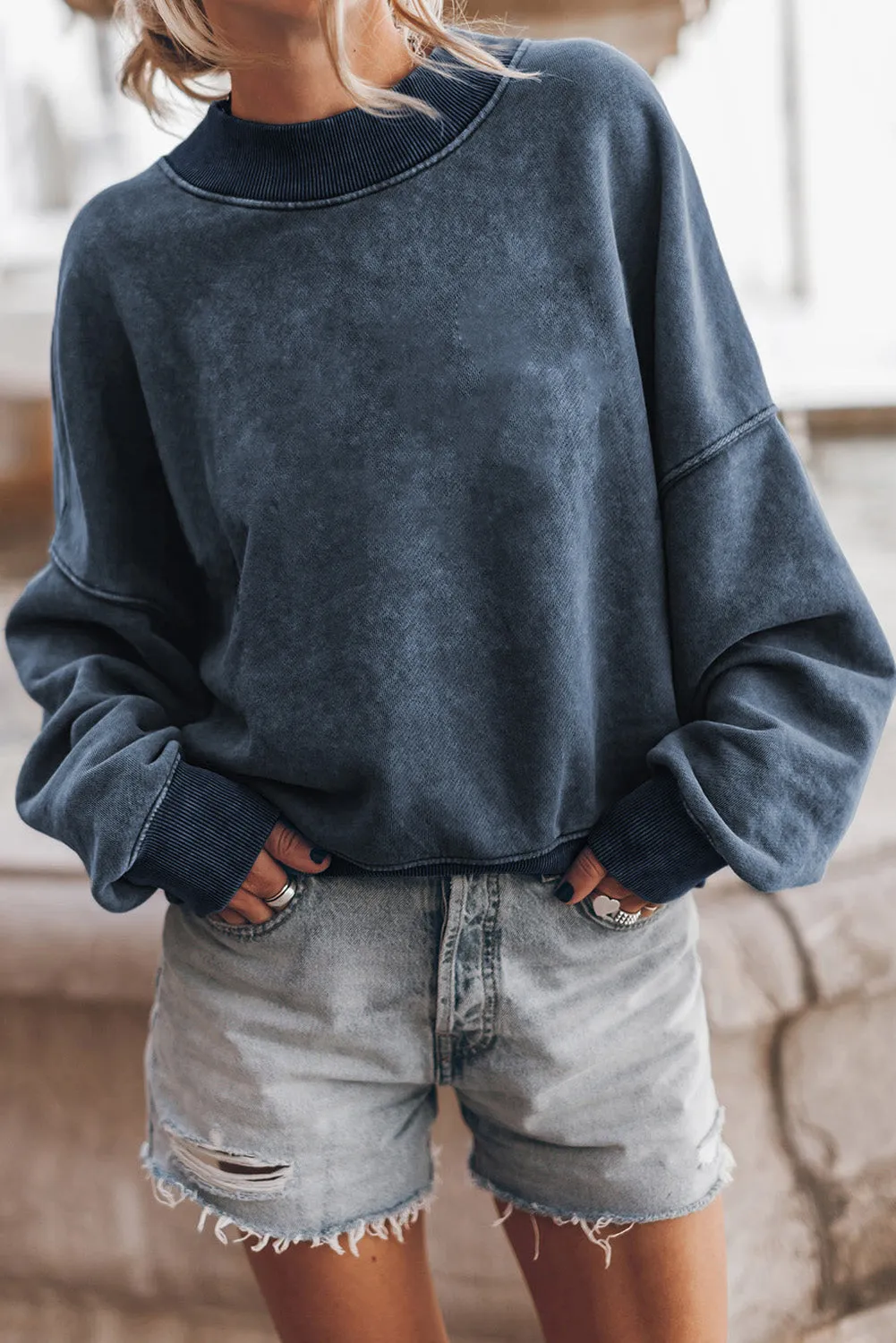 Black Plain Drop Shoulder Crew Neck Pullover Sweatshirt