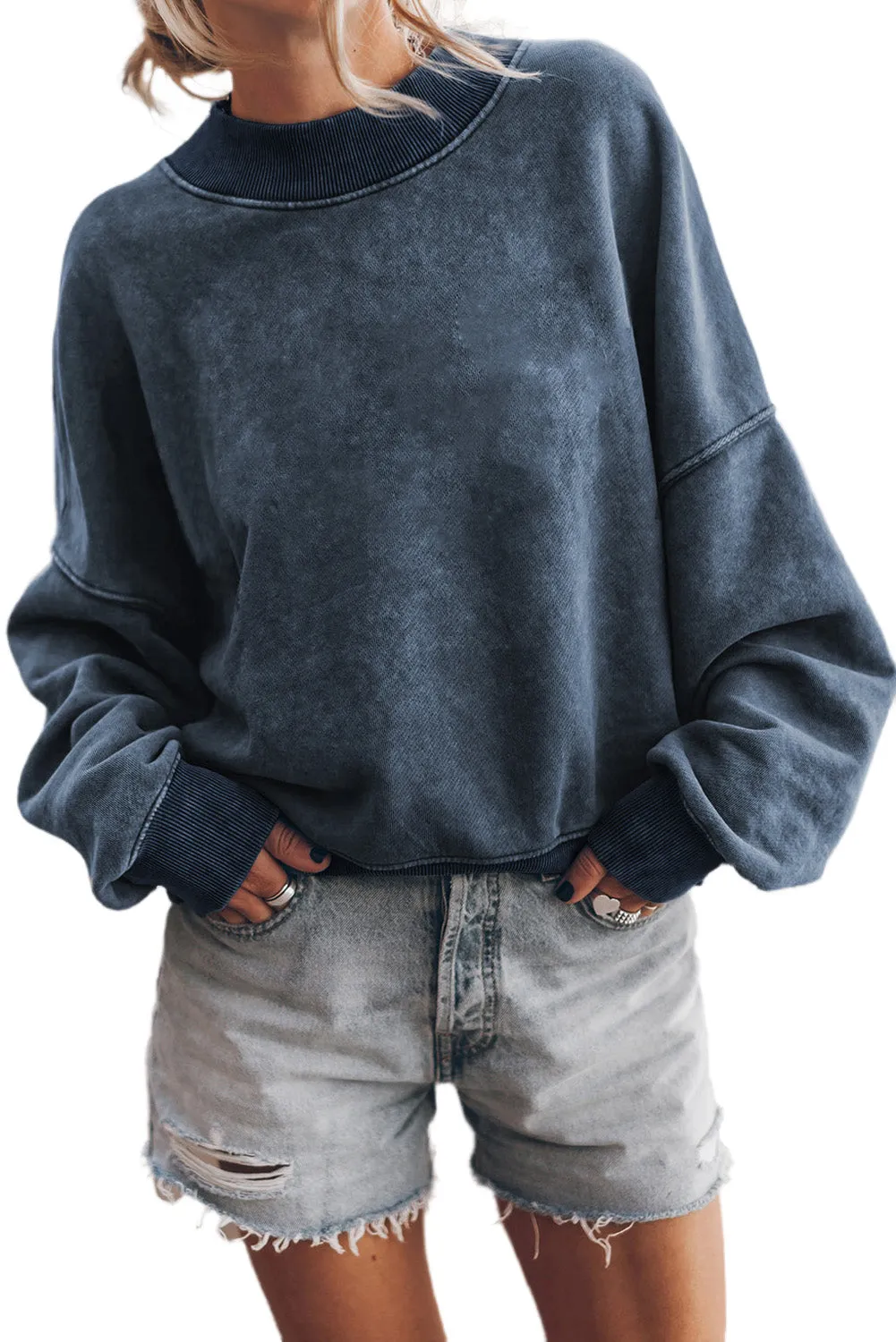 Black Plain Drop Shoulder Crew Neck Pullover Sweatshirt