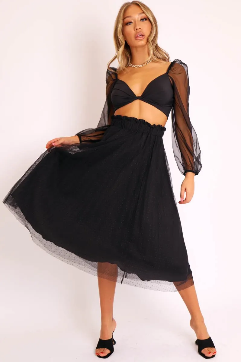 Black Polka Tulle Pleated Midi Skirt - Soniya