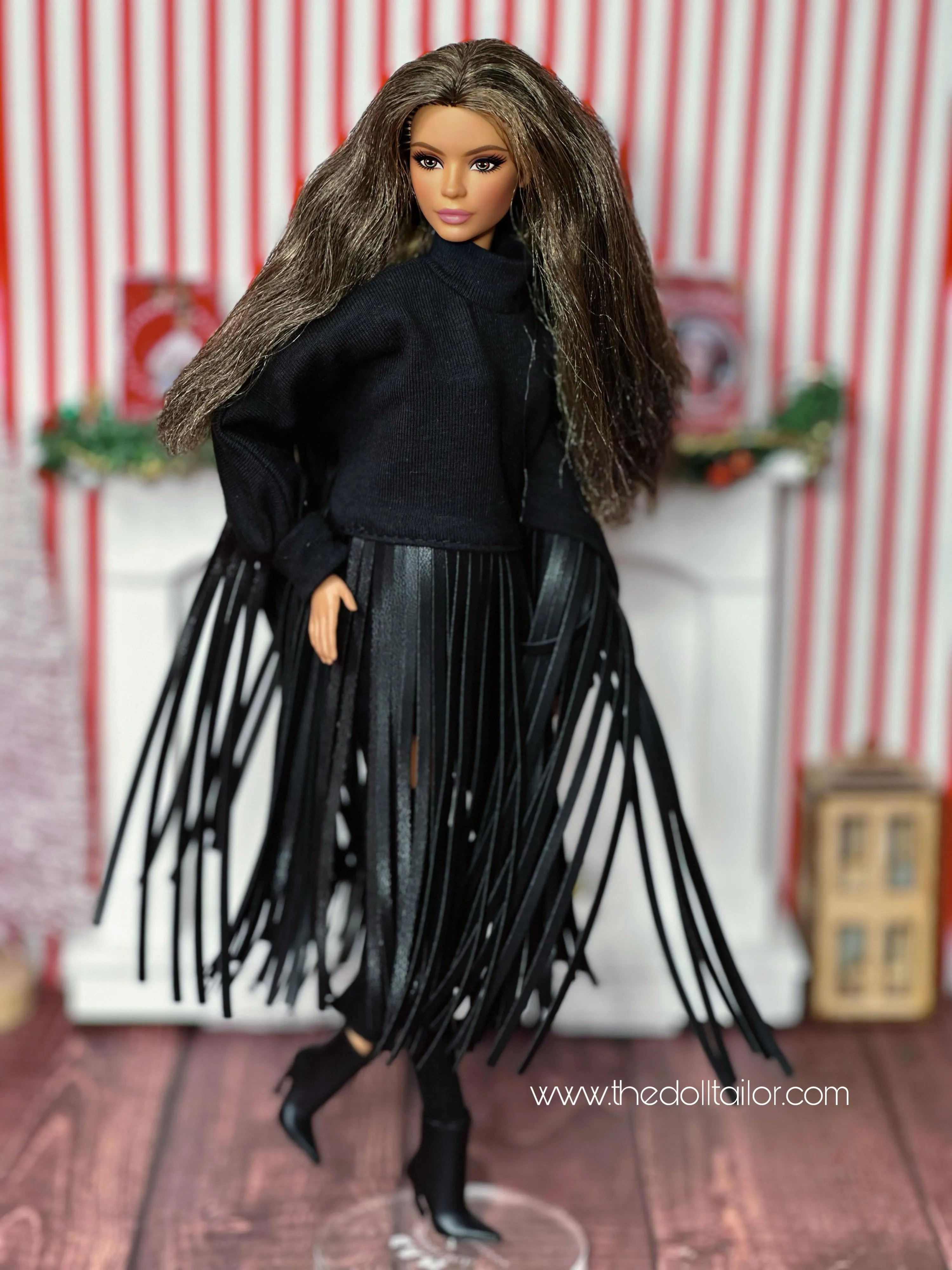 Black sweater for barbie dolls with pleather fringes