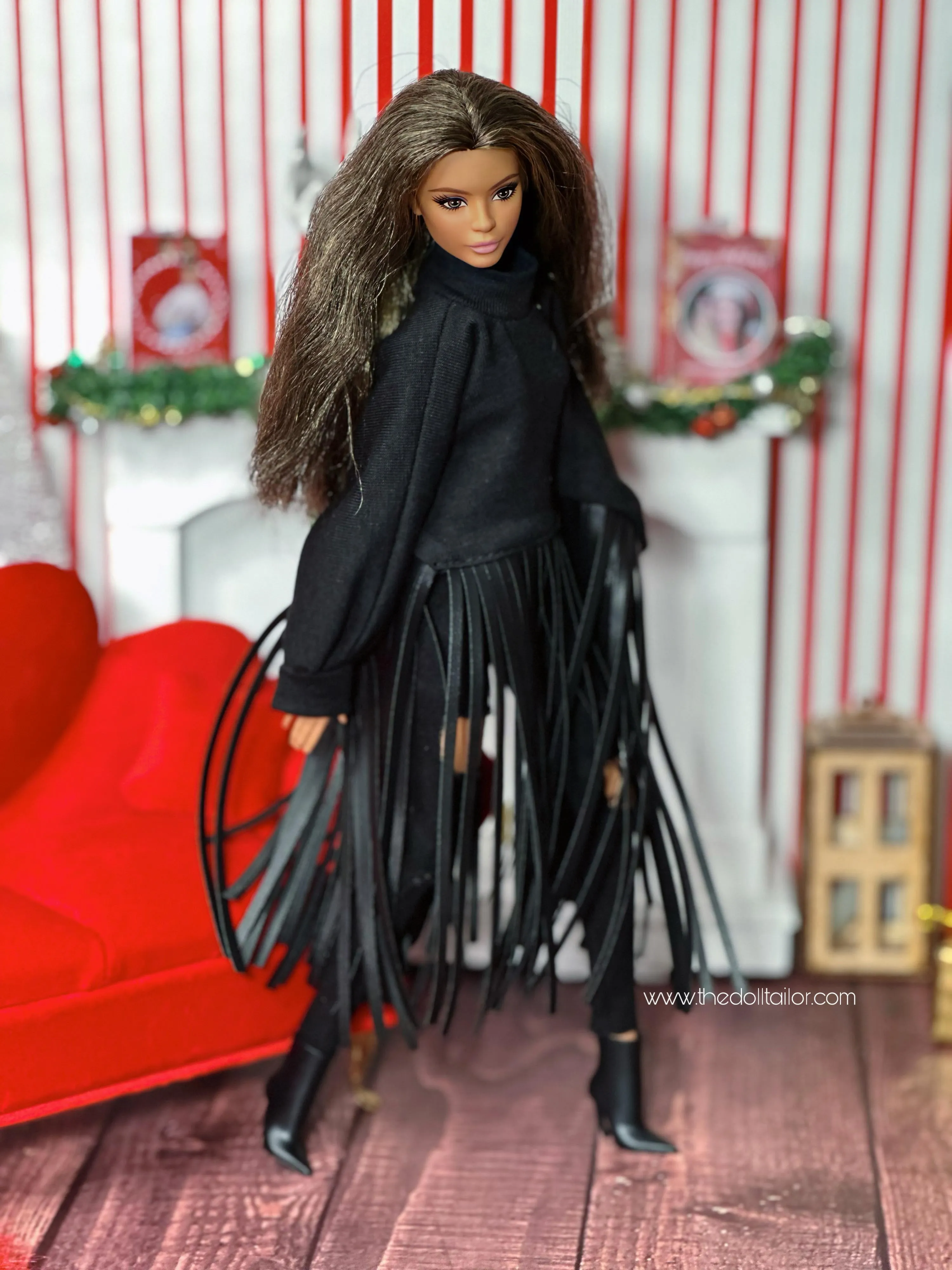 Black sweater for barbie dolls with pleather fringes