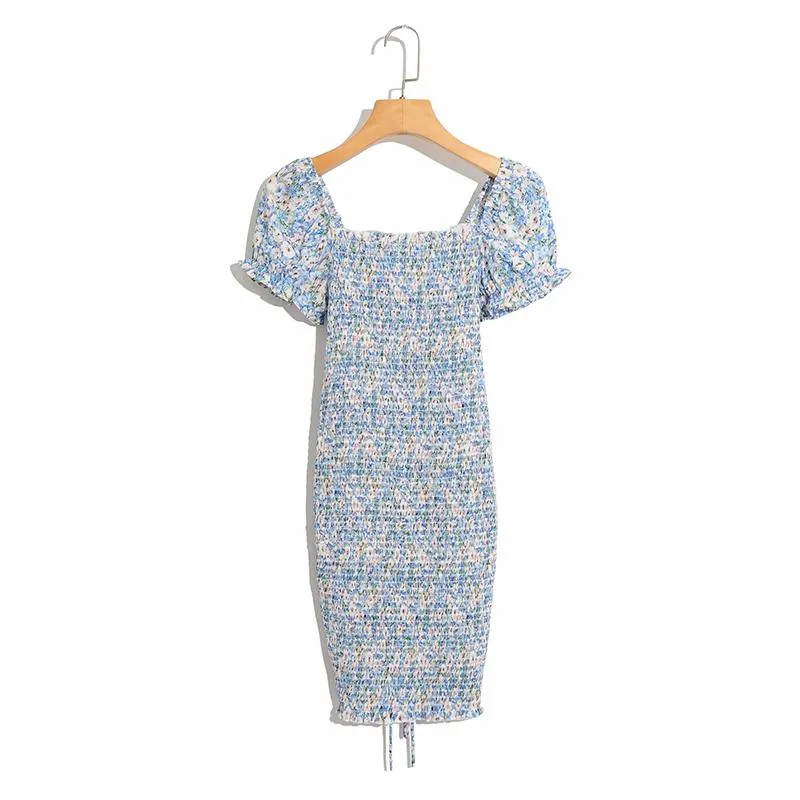 Blue Floral Women Shirred Bodycon Dress