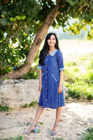 Blue Pin Striped Peter Pan Collar Dress