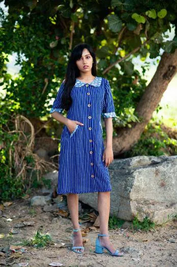 Blue Pin Striped Peter Pan Collar Dress