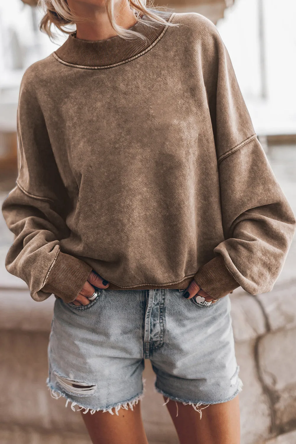 Blue Plain Drop Shoulder Crew Neck Pullover Sweatshirt