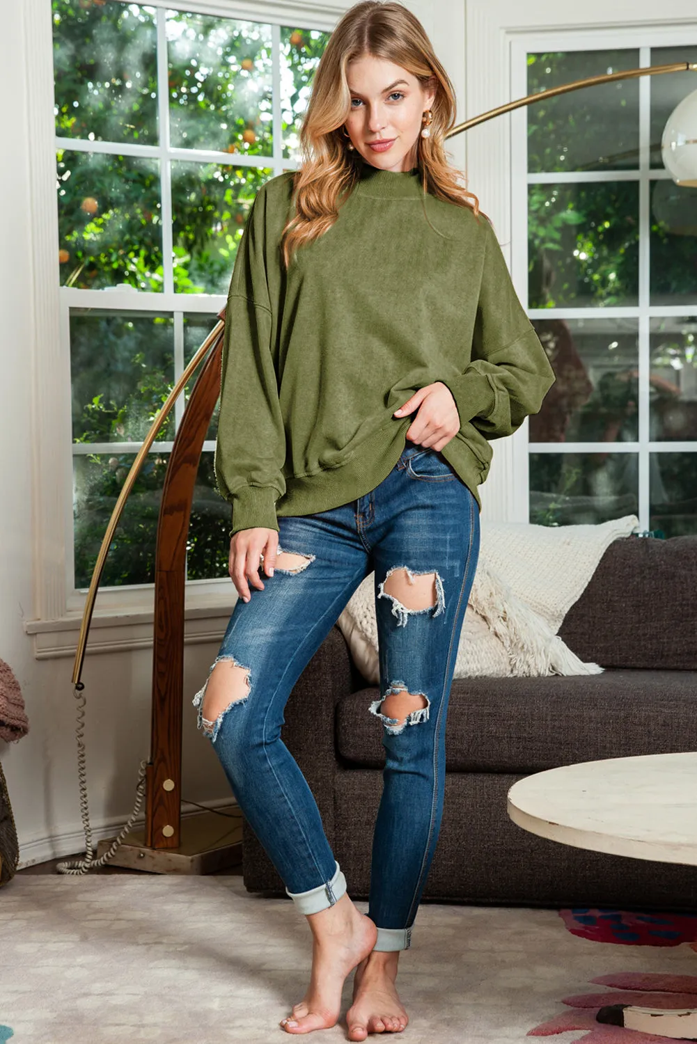 Blue Plain Drop Shoulder Crew Neck Pullover Sweatshirt