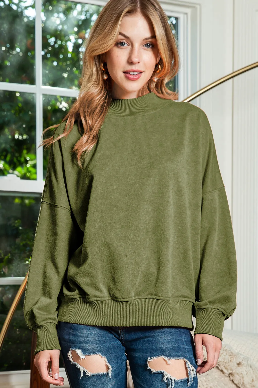 Blue Plain Drop Shoulder Crew Neck Pullover Sweatshirt