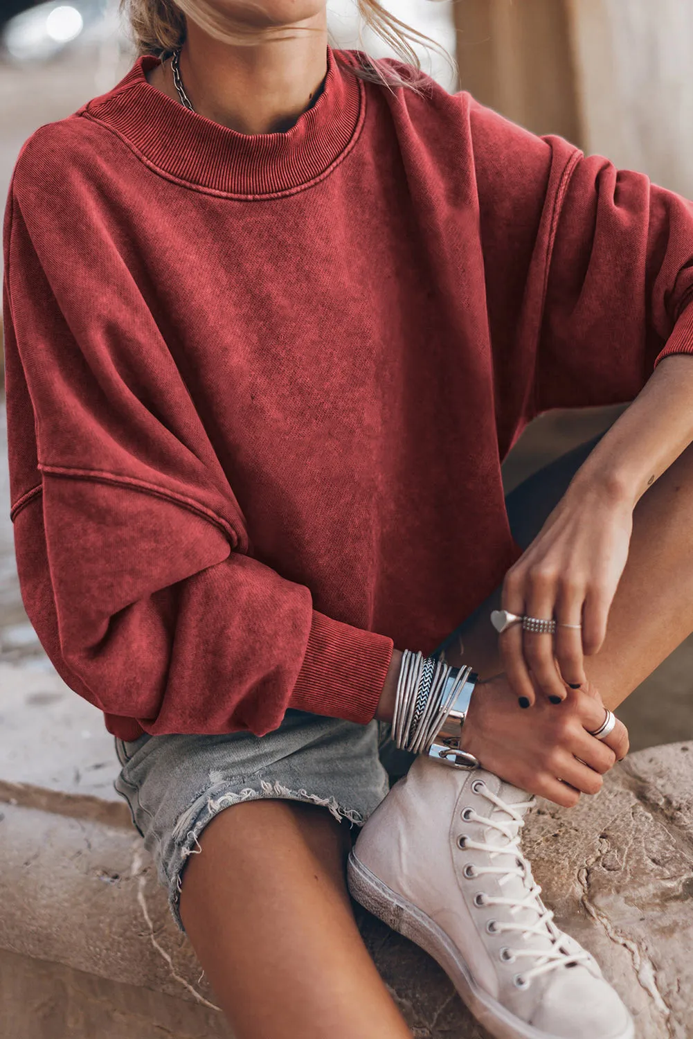 Blue Plain Drop Shoulder Crew Neck Pullover Sweatshirt