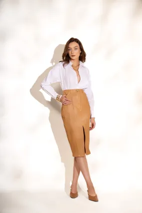 Camel Pleated Midi Skirt