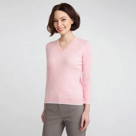 Camellia V-Neck Cable Knit Sweater