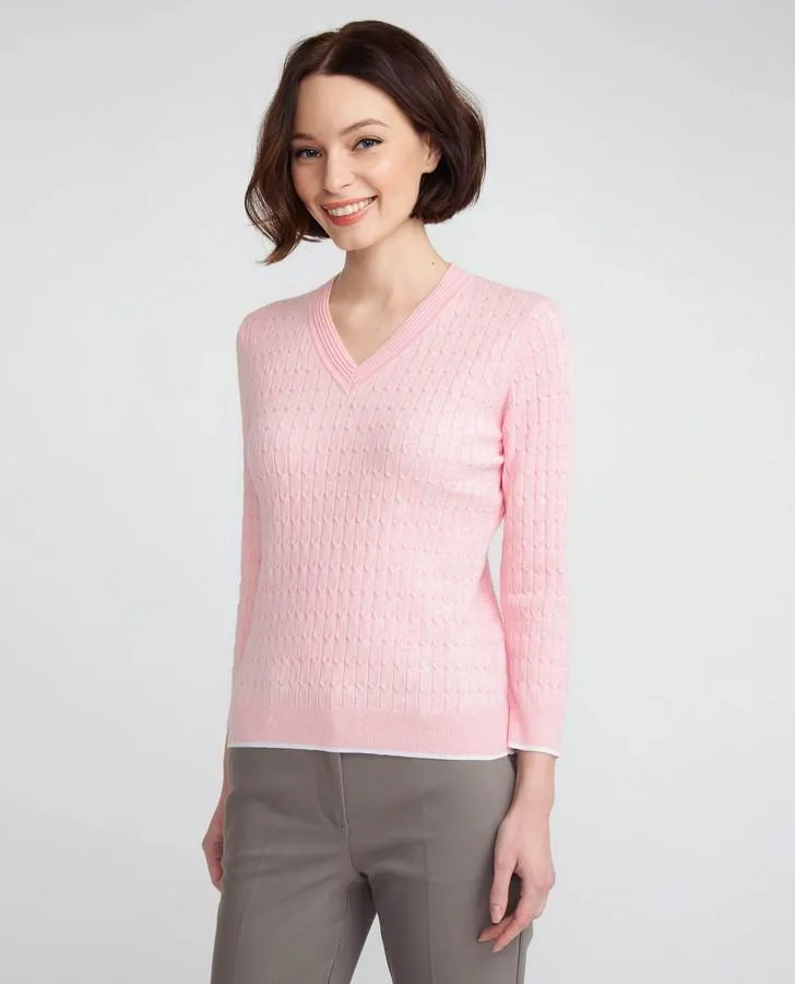 Camellia V-Neck Cable Knit Sweater