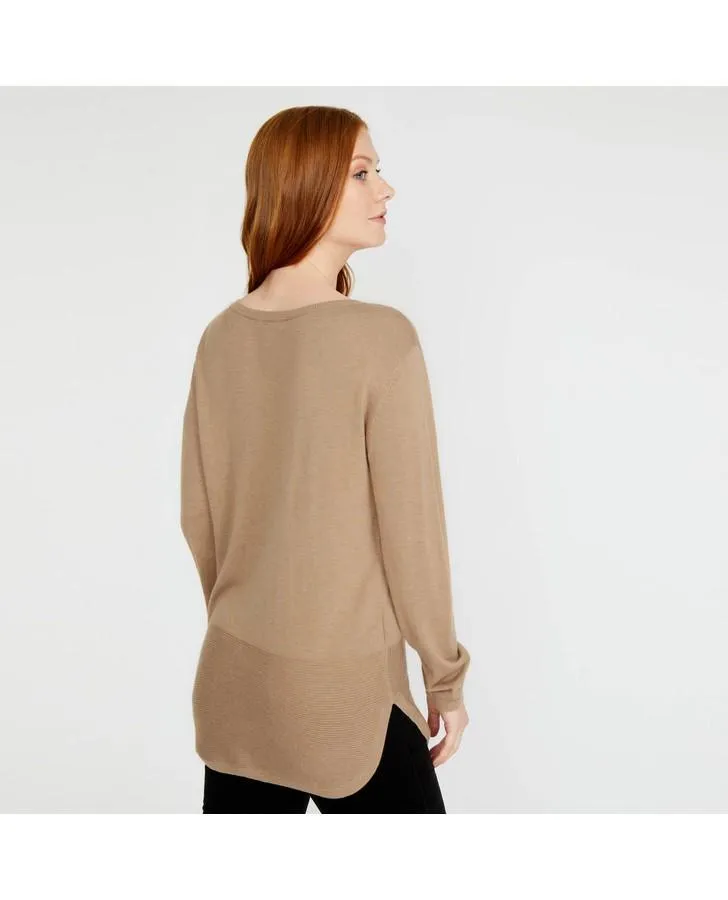 Caramel Slash Neck Long Line Ribbed Sweater