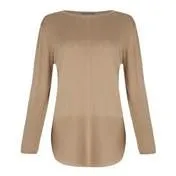 Caramel Slash Neck Long Line Ribbed Sweater