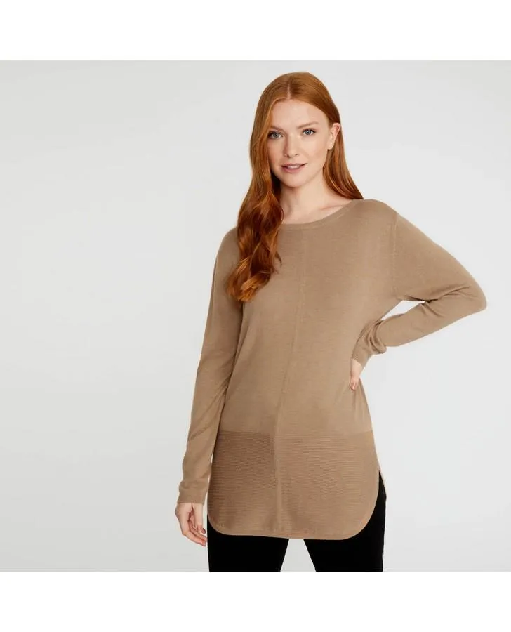 Caramel Slash Neck Long Line Ribbed Sweater