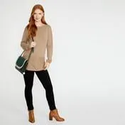 Caramel Slash Neck Long Line Ribbed Sweater