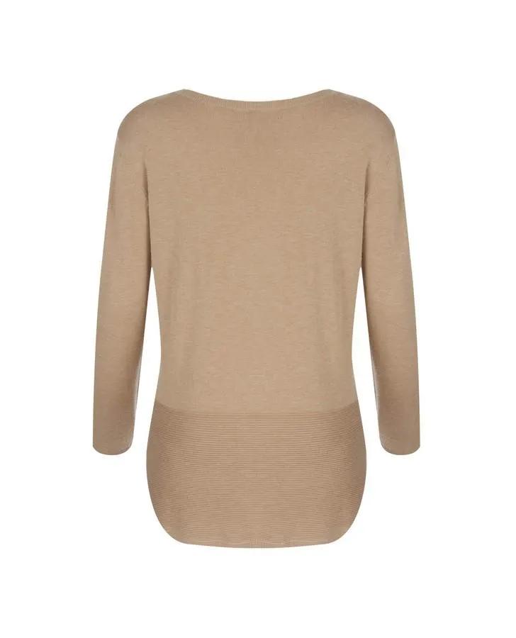 Caramel Slash Neck Long Line Ribbed Sweater