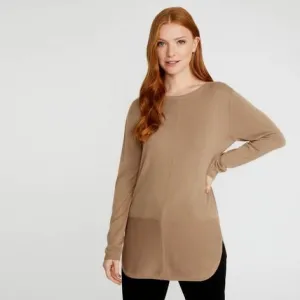 Caramel Slash Neck Long Line Ribbed Sweater