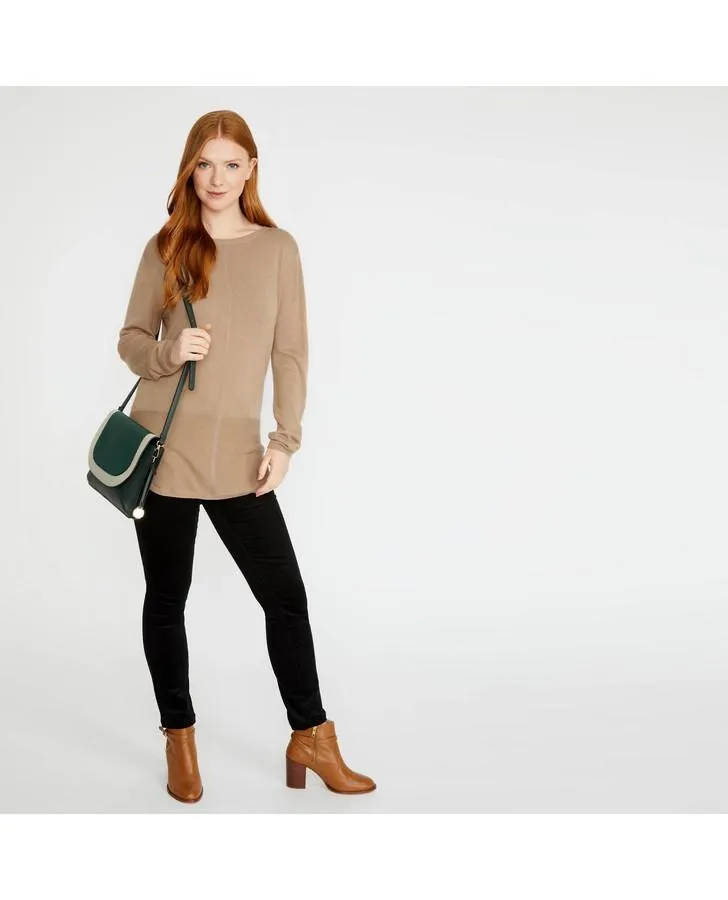 Caramel Slash Neck Long Line Ribbed Sweater