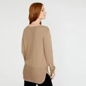 Caramel Slash Neck Long Line Ribbed Sweater