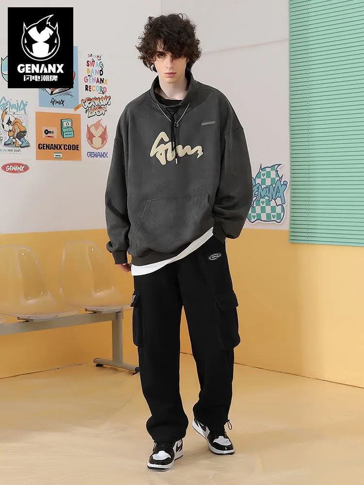 Cargo pocket alphabet embroidered stretch rope thick Korean fleece casual pants