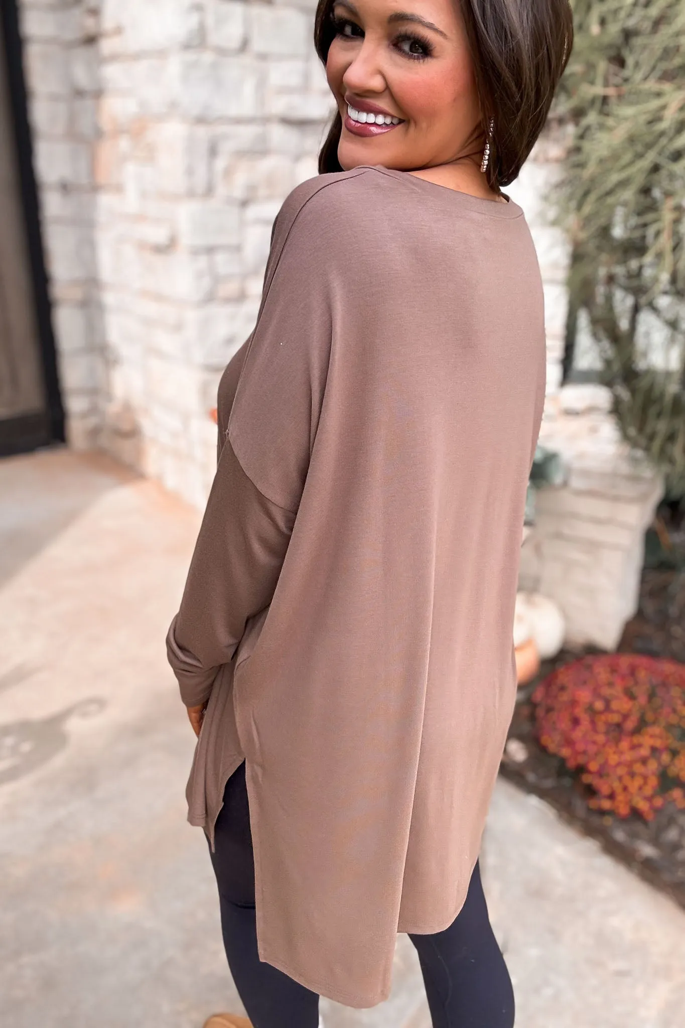 Casual Days Ahead Dolman Long Sleeve V-Neck Side Slit Hi-Low Hem Top