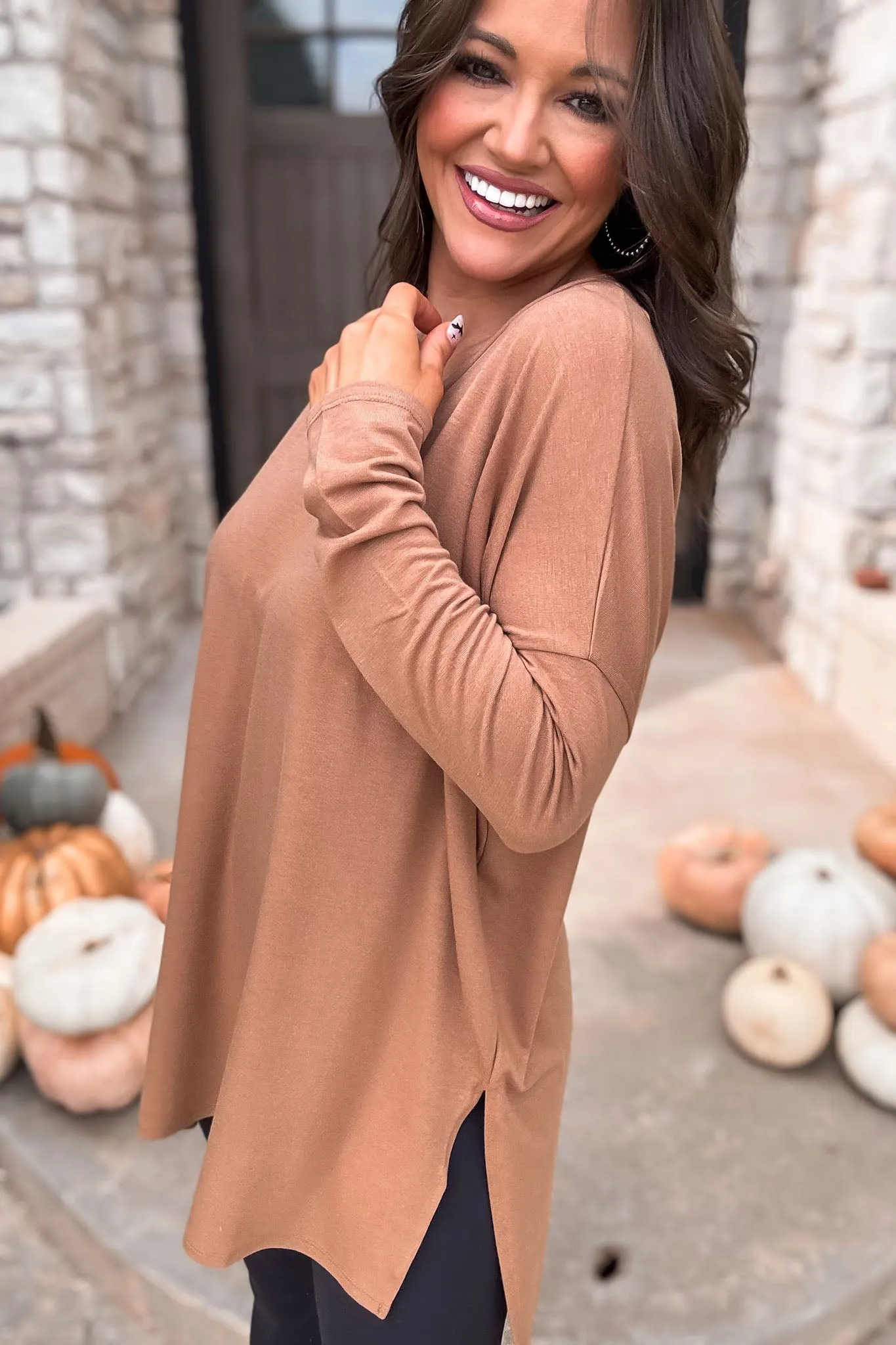 Casual Days Ahead Dolman Long Sleeve V-Neck Side Slit Hi-Low Hem Top