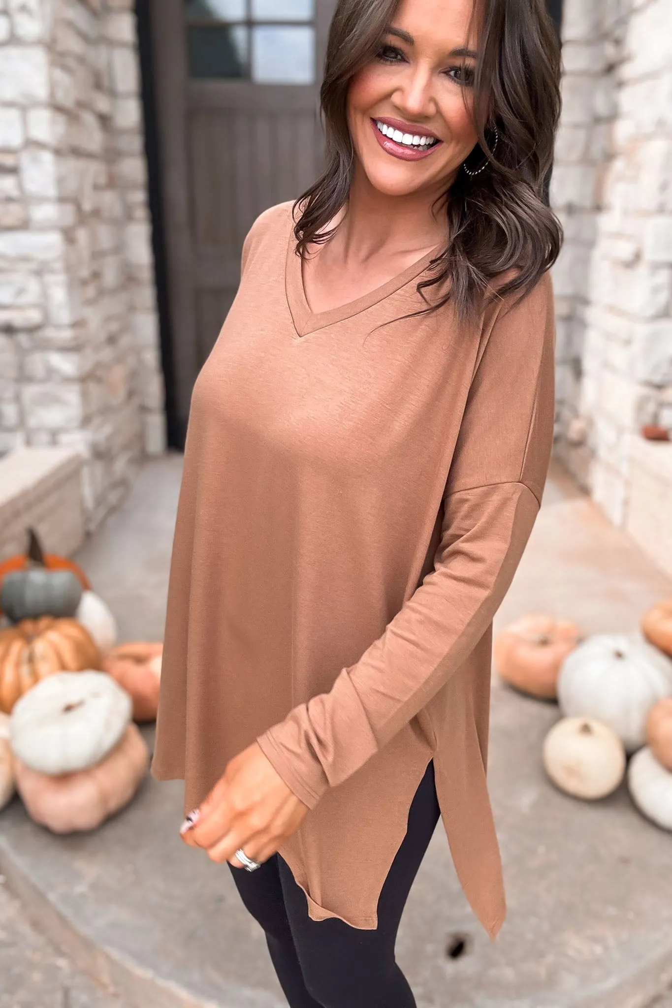 Casual Days Ahead Dolman Long Sleeve V-Neck Side Slit Hi-Low Hem Top