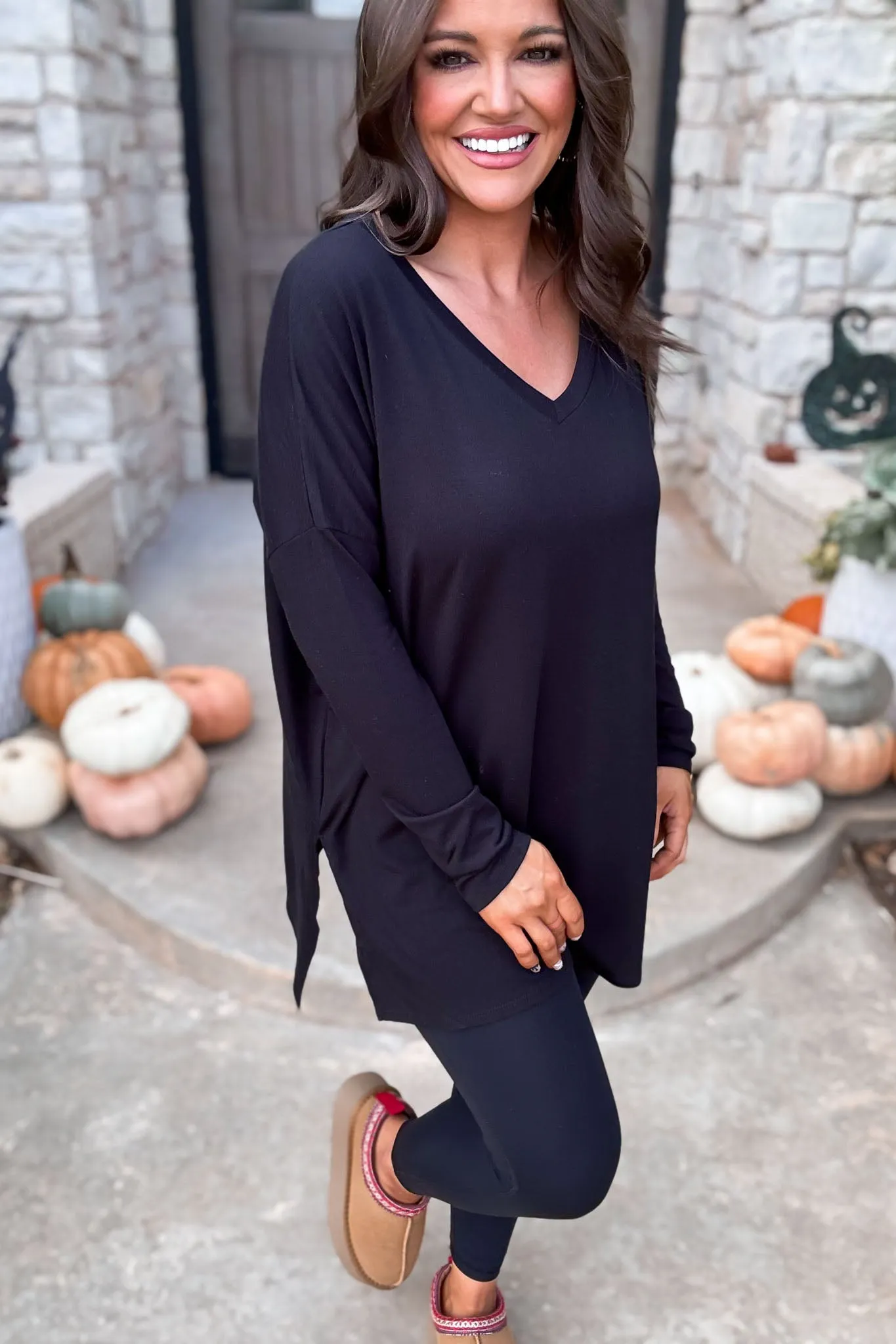 Casual Days Ahead Dolman Long Sleeve V-Neck Side Slit Hi-Low Hem Top