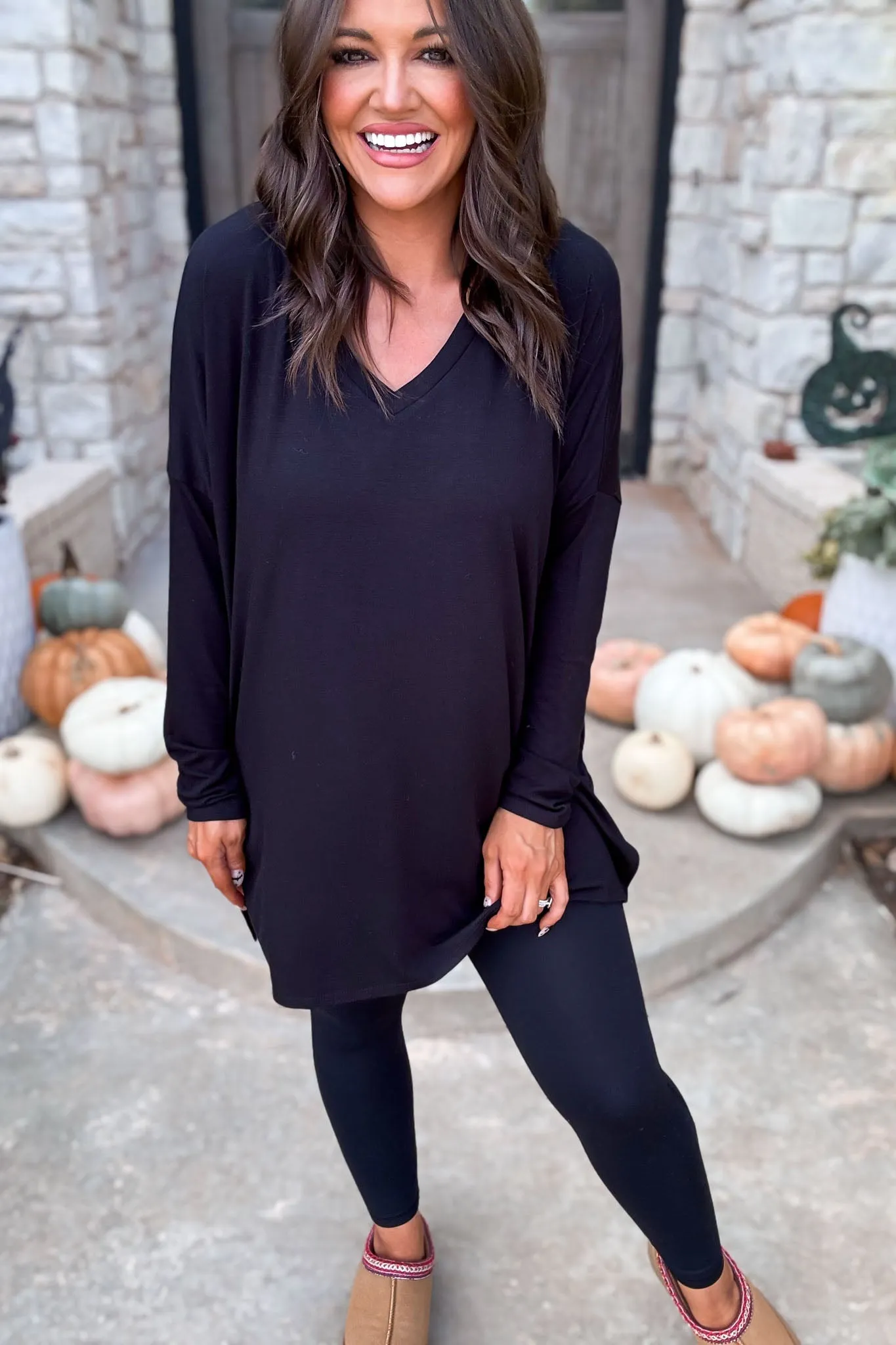 Casual Days Ahead Dolman Long Sleeve V-Neck Side Slit Hi-Low Hem Top