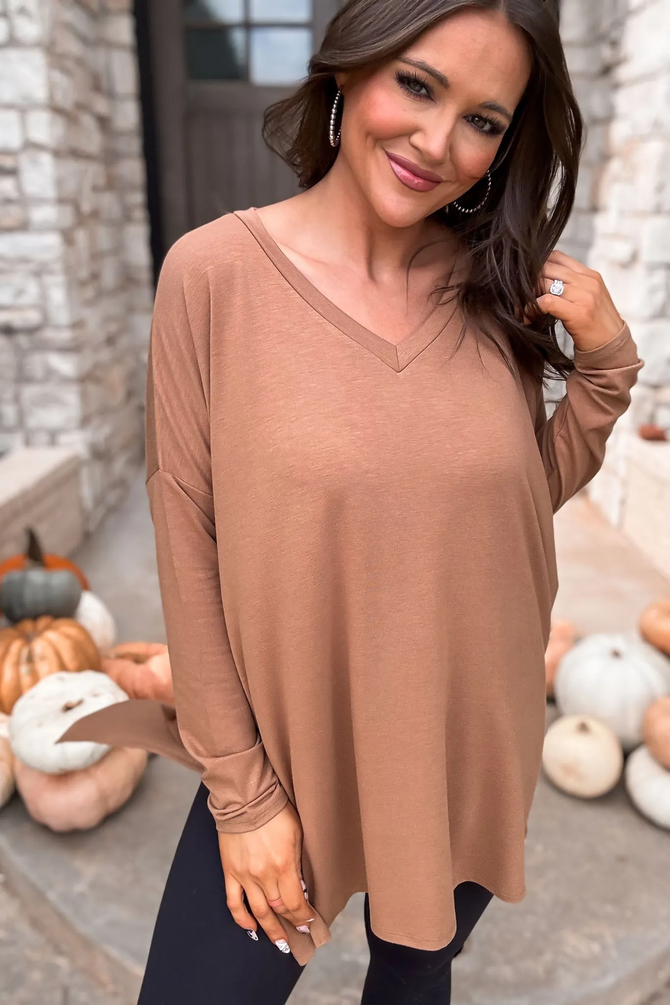 Casual Days Ahead Dolman Long Sleeve V-Neck Side Slit Hi-Low Hem Top