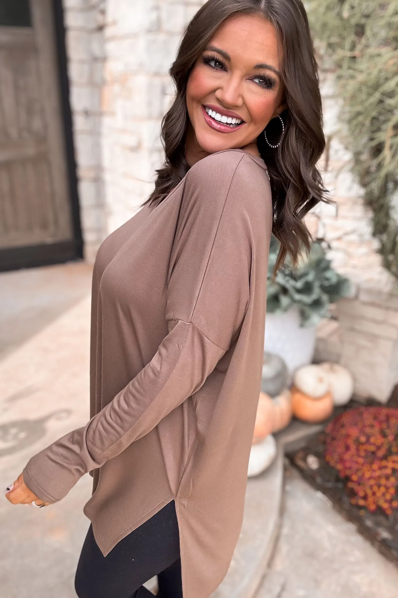 Casual Days Ahead Dolman Long Sleeve V-Neck Side Slit Hi-Low Hem Top