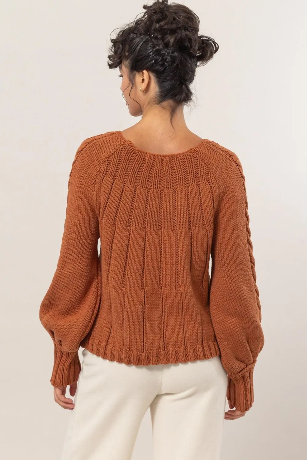 Comfy Cable-Knit Round Neck Raglan Sleeve Sweater