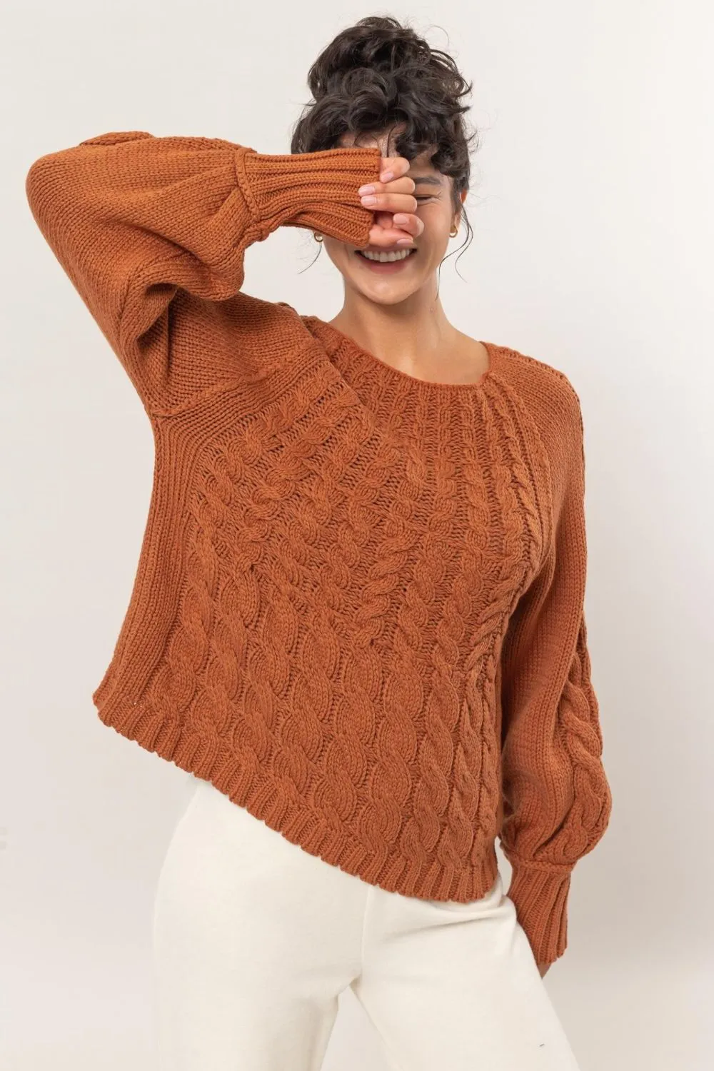 Comfy Cable-Knit Round Neck Raglan Sleeve Sweater