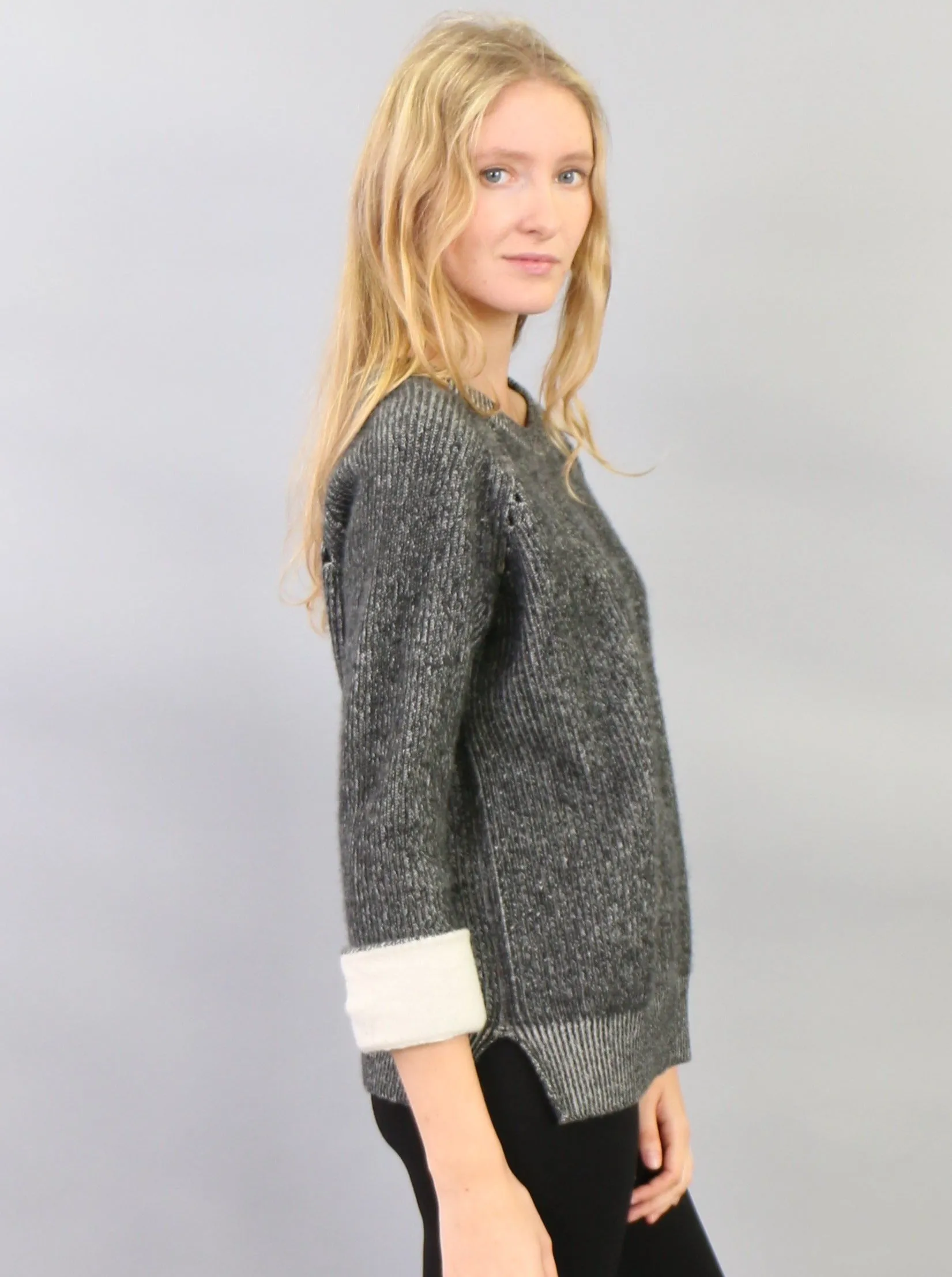 Contrast Roll-Over Cuff Crewneck Pullover