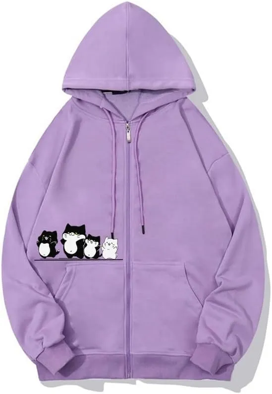 CORIRESHA Cute Cat Hoodie Sweatshirt Long Sleeve Drawstring Fall Zip Jacket