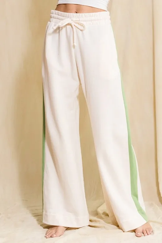 Cream Contrast Stripe Wide Leg Sweatpants