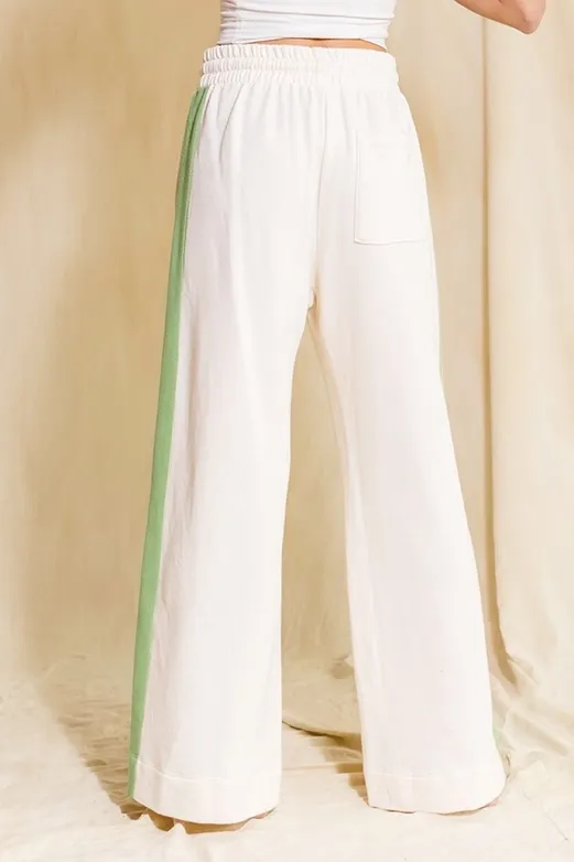 Cream Contrast Stripe Wide Leg Sweatpants