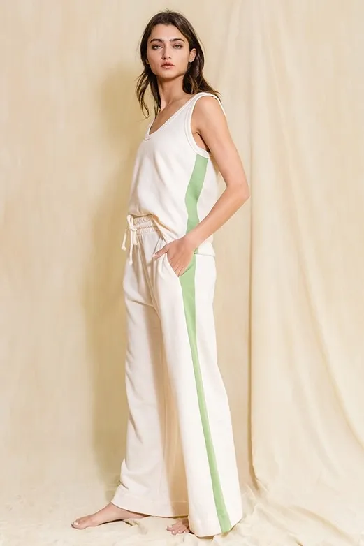 Cream Contrast Stripe Wide Leg Sweatpants