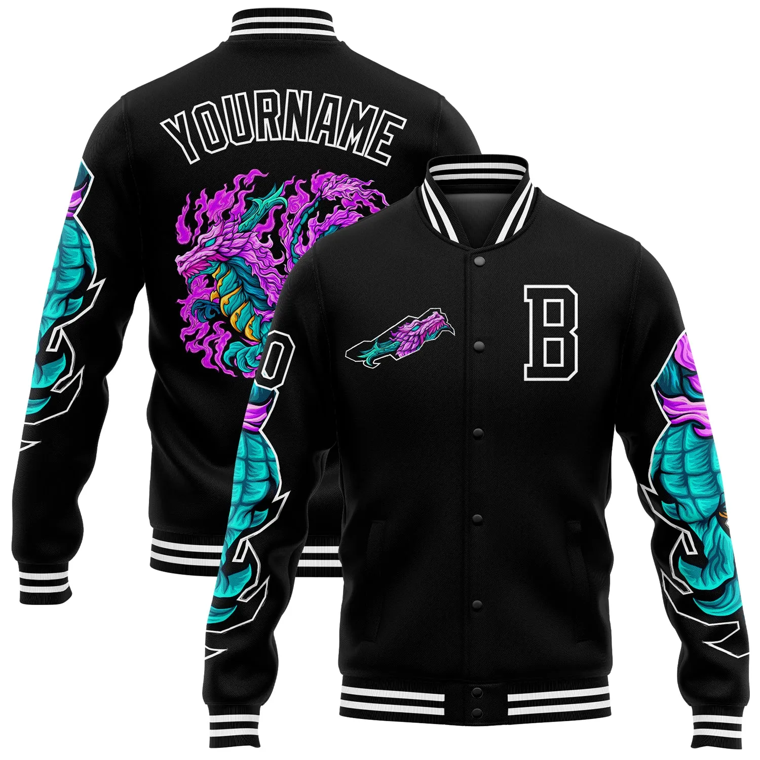 Custom Black White Dragon 3D Pattern Design Bomber Full-Snap Varsity Letterman Jacket