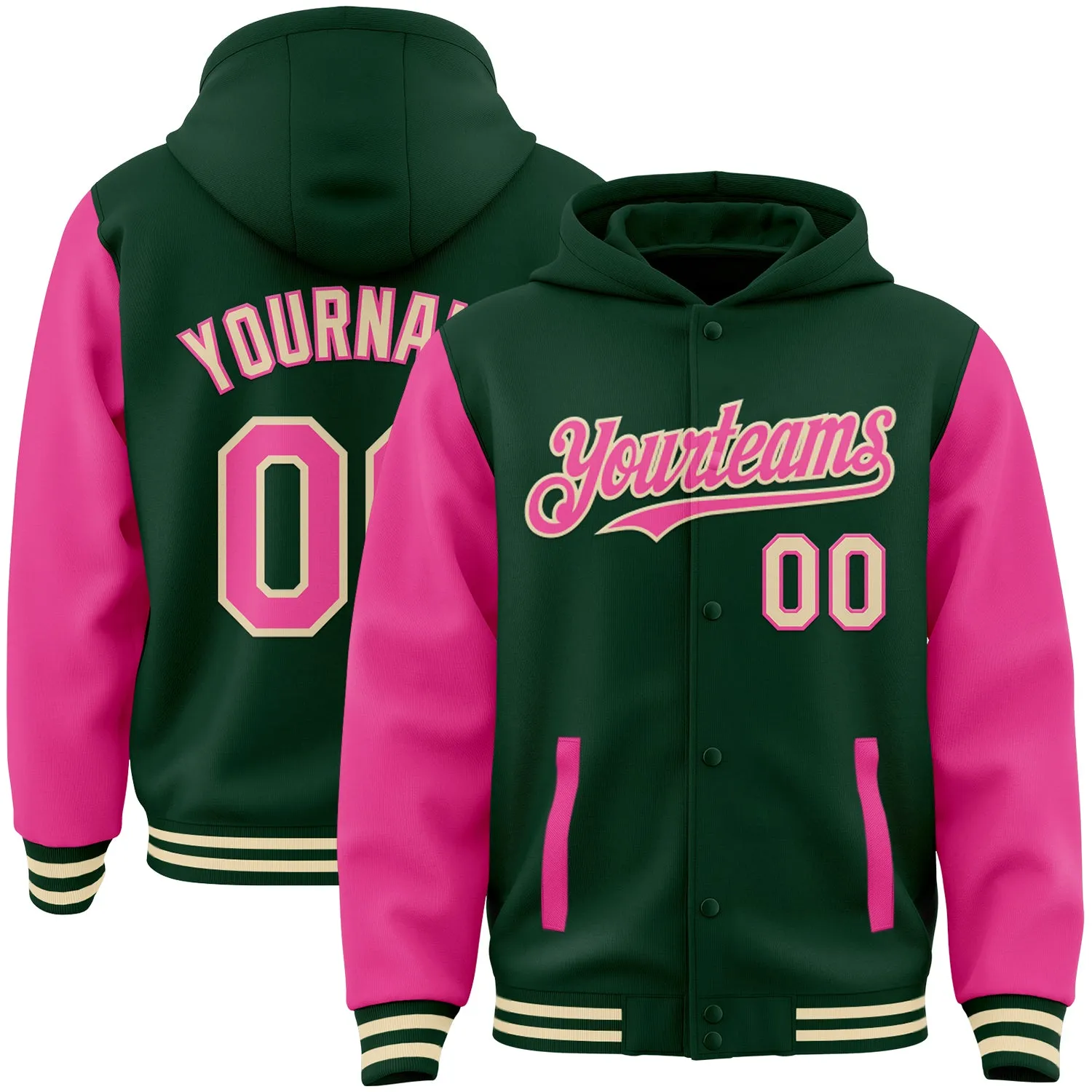 Custom Green Pink-Cream Bomber Full-Snap Varsity Letterman Two Tone Hoodie Jacket