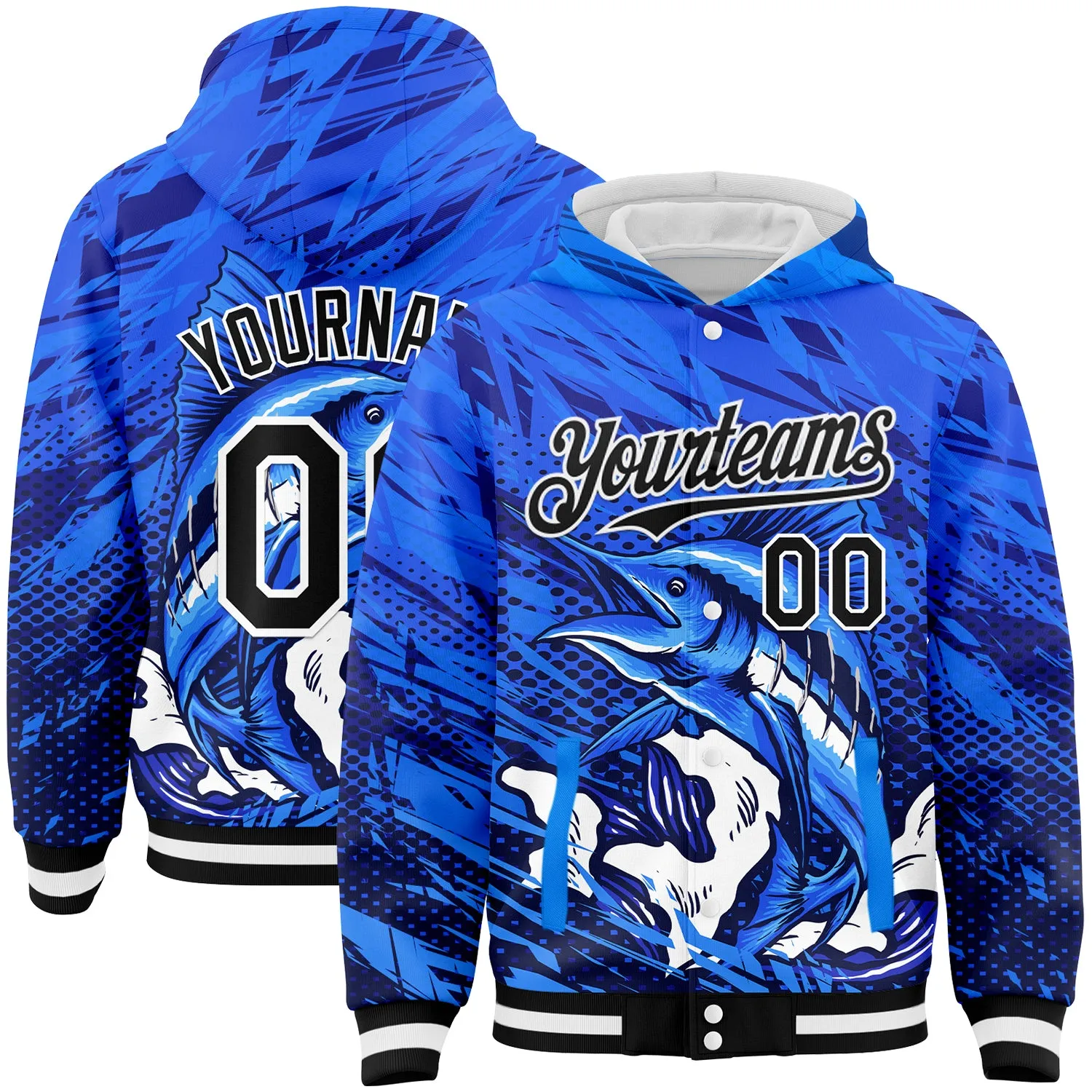 Custom Royal Black-White Marlin Fish Fishing 3D Bomber Full-Snap Varsity Letterman Hoodie Jacket