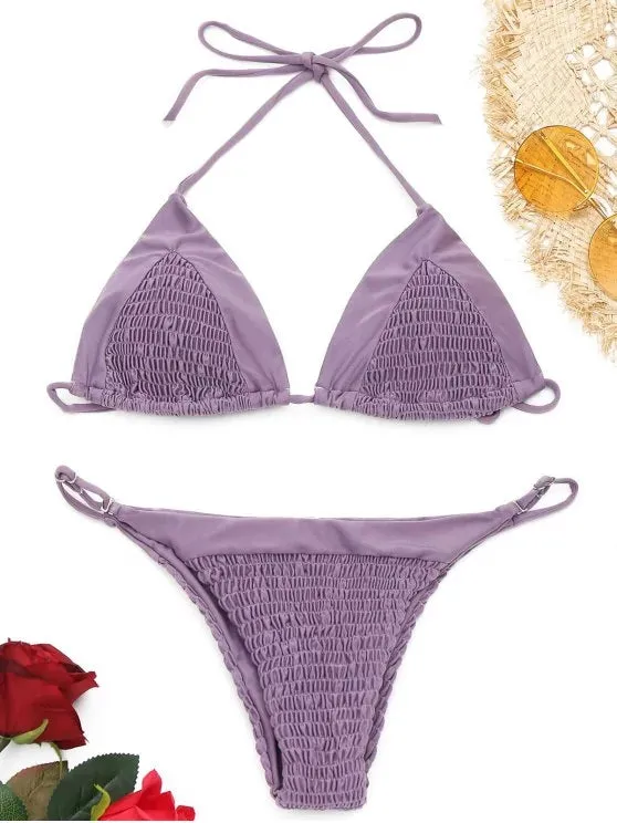 Cute Halter Smocked String Bikini Set