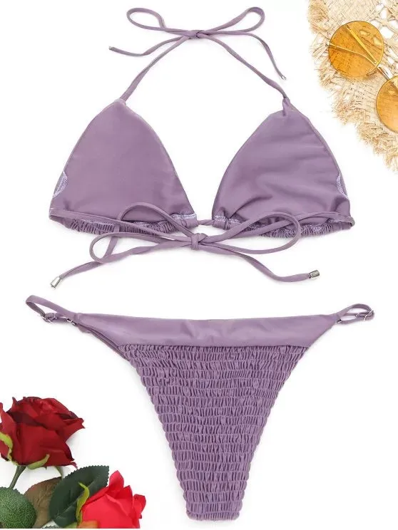 Cute Halter Smocked String Bikini Set