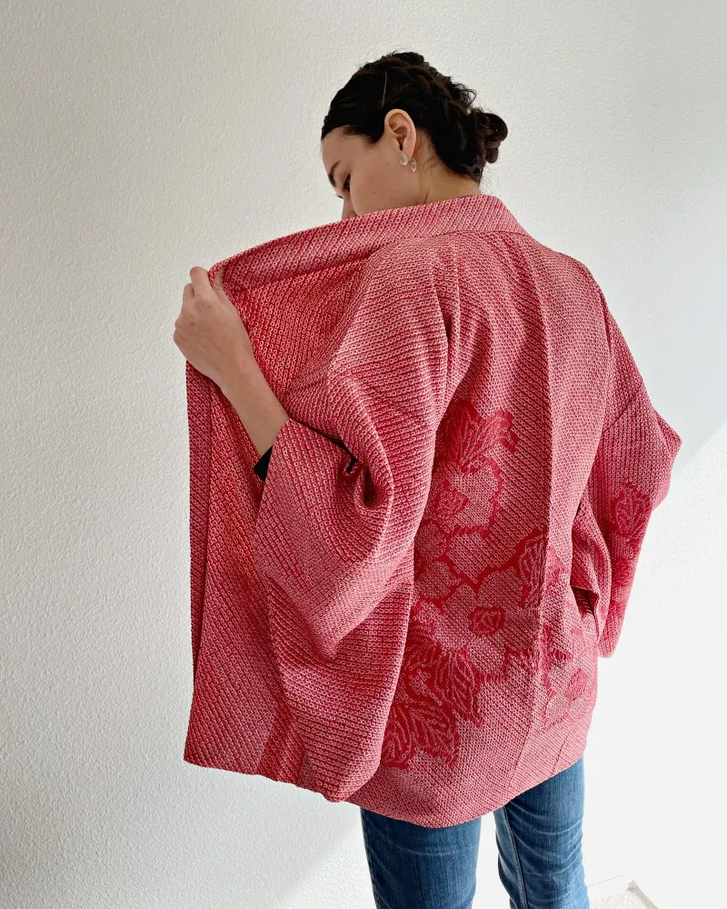 Deep Coral Bell Flower Shibori Haori Kimono Jacket