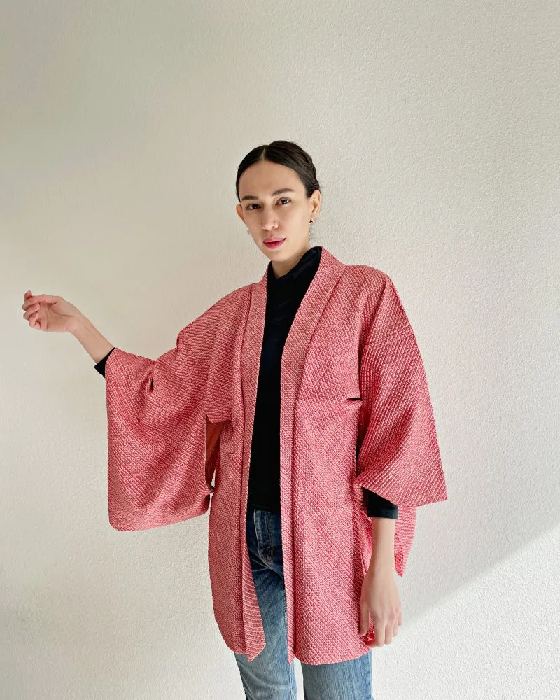 Deep Coral Bell Flower Shibori Haori Kimono Jacket