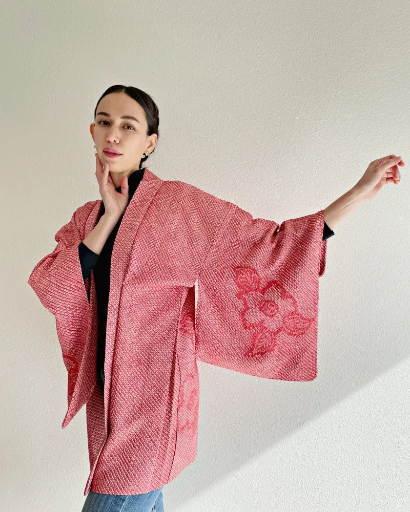 Deep Coral Bell Flower Shibori Haori Kimono Jacket