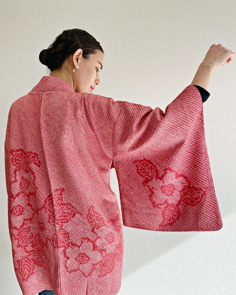 Deep Coral Bell Flower Shibori Haori Kimono Jacket